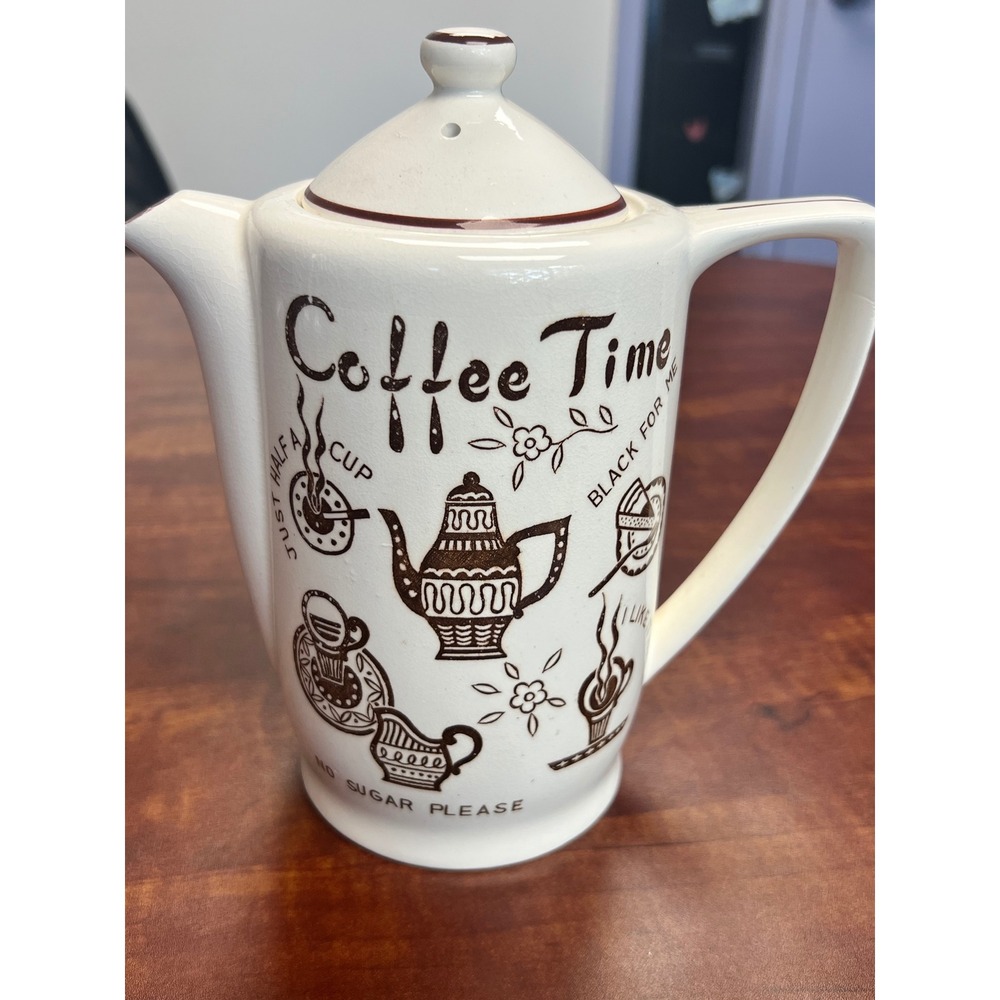 Vintage Coffee Time White Ceramic Coffee Pot Teapot Brown Musicbox Made in Japan